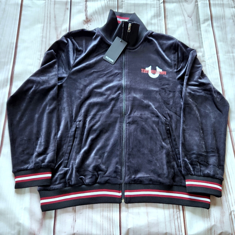 NWT True Religion "Velour World Tour Track Jacket" Black Graphic | Men's Size L - Picture 4 of 12